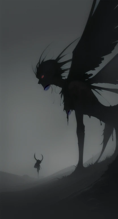 Foggy Forest, demonic silhouette, fairy shadow figure, red eyes, eyes in the fog, rotting, looking dead, torn wings,