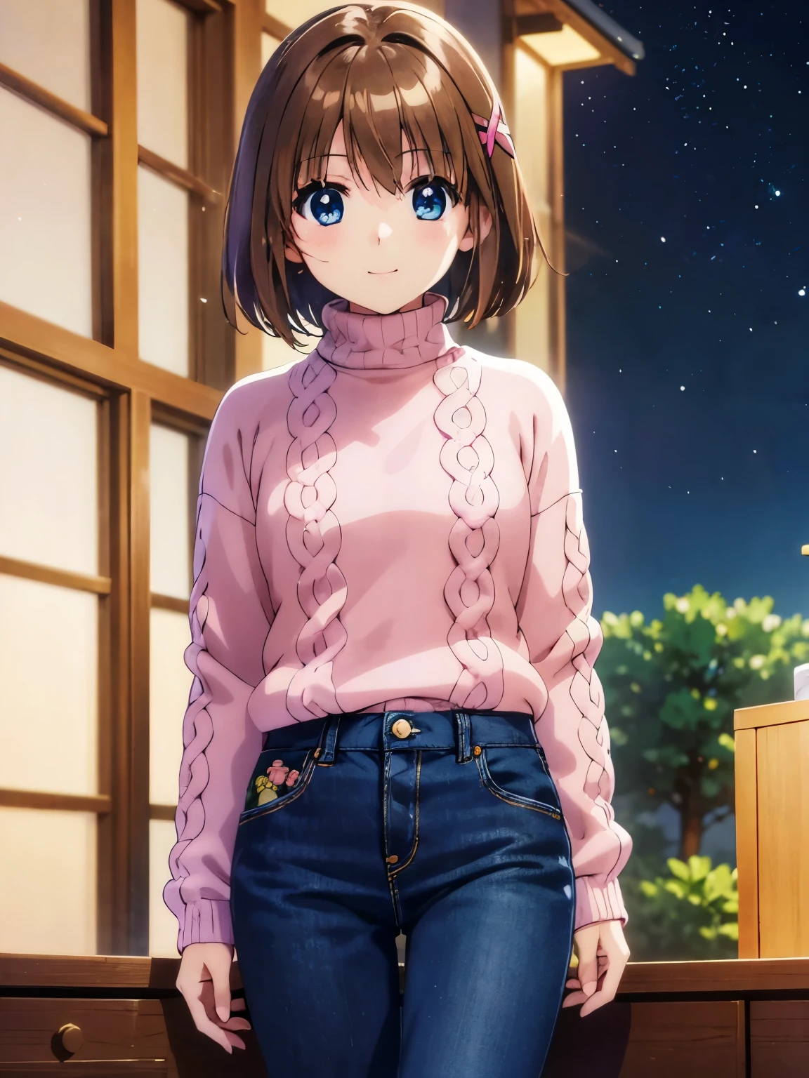 masterpiece,(Anime illustration style:1.5),Shooting from the front、Highest quality,Super detailed,Outdoor,One girl, ************, Hayate Yagami, Standing、short hair, blue eyes, Brown Hair, hair ornaments, x hair ornaments,sweater, pink sweater, turtleneck, Long sleeve,In jeans、smile、 Cowboy Shot