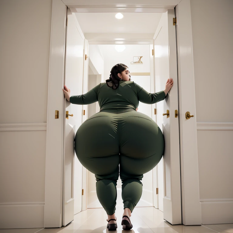 masterpiece, 1girl behind a doorway, from behind, (doorstuck, stuckback:1.3), ssbbw ,huge wide hips, round belly, thick thighs, giant butt,colorful clothing, wearing a olive green suit and tie and formal pants, upset, desperately trying to wiggle through, she tries to free herself but she won't budge, she is stuck tight view from behind, she is too wide, the doorway is quite narrow too, she kicks her legs furiously, trying to wiggle her hips through the small door, but its no good, the door is too small, she keeps trying to squeeze through with frustration, she is stuck too tight