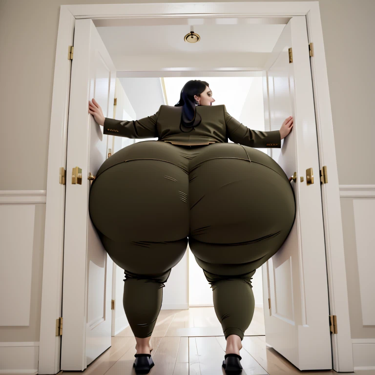 masterpiece, 1girl behind a doorway, from behind, (doorstuck, stuckback:1.3), ssbbw ,huge wide hips, round belly, thick thighs, giant butt,colorful clothing, wearing a olive green suit and tie and formal pants, upset, desperately trying to wiggle through, she tries to free herself but she won't budge, she is stuck tight view from behind, she is too wide, the doorway is quite narrow too, she kicks her legs furiously, trying to wiggle her hips through the small door, but its no good, the door is too small, she keeps trying to squeeze through with frustration, she is stuck too tight