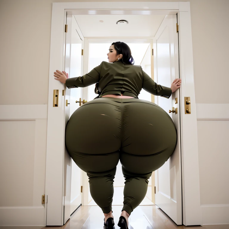 masterpiece, 1girl behind a doorway, from behind, (doorstuck, stuckback:1.3), ssbbw ,huge wide hips, round belly, thick thighs, giant butt,colorful clothing, wearing a olive green suit and tie and formal pants, upset, desperately trying to wiggle through, she tries to free herself but she won't budge, she is stuck tight view from behind, she is too wide, the doorway is quite narrow too, she kicks her legs furiously, trying to wiggle her hips through the small door, but its no good, the door is too small, she keeps trying to squeeze through with frustration, she is stuck too tight