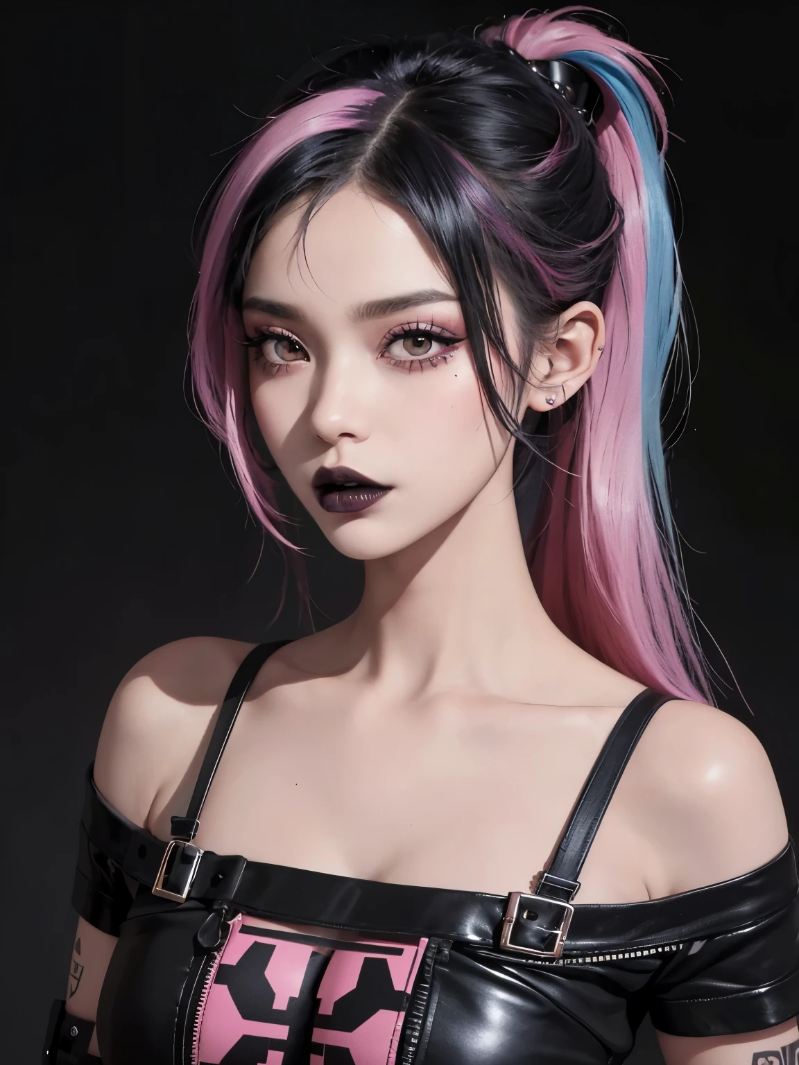 A rebellious punk girl with a striking hairstyle featuring black lips and black hair with pink streaks. The image captures her edgy look in a moody indoor setting. Her dark and vibrant appearance contrasts beautifully against the subdued background, showcasing her unique style and personality. The high-definition image skillfully showcases every intricate detail of her bold makeup and colorful hair, making her presence stand out with a sense of fierce individuality.