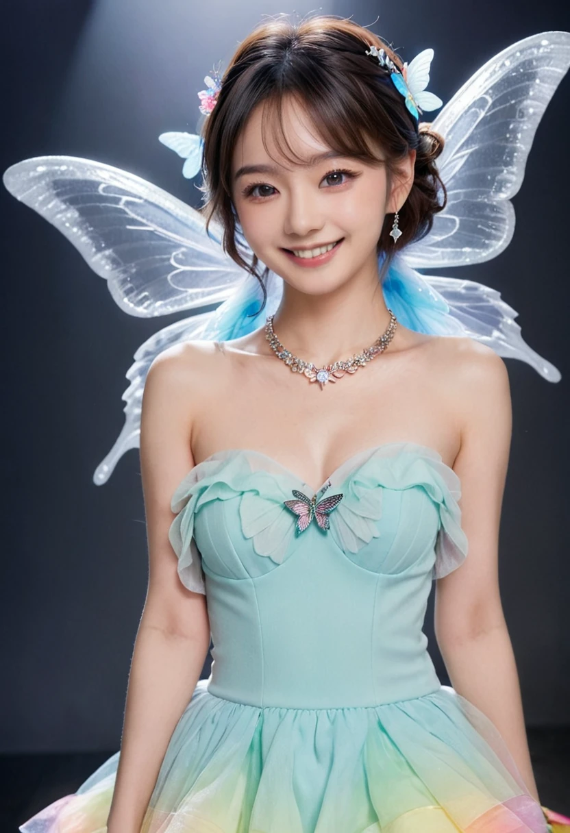 Cowboy Shots、Shot from below、ファッション ショーのRunway上の美しくエレガントなファッション モデル、Smiling with a captivating expression、Fluffy rainbow fairy costume、Big butterfly wing gimmick、tiara、necklace、bracelet、Earrings、accessories、gem、Fairy Makeup、Ideal body type、Gorgeous detailed face、Delicate facial features、Beautifully detailed eyes、Long and detailed eyelashes、Elegant and graceful pose、Long, flowing, detailed hair、Smooth and detailed skin、Very detailed、high quality、Real、Studio Lighting、Professional Fashion Photography、Dramatic lighting、Dynamic pose、Runway、Behind the Scenes、Charm、Tempting、Provocative、Impression、Bold、Sophistication