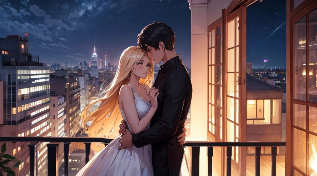 a couple embracing each other while standing on a balcony overlooking a city. The man is wearing a black shirt and the woman is wearing a white dress. They are holding hands and gazing into each other's eyes, creating a romantic atmosphere. The scene is set against a backdrop of a city at night, with a large window providing a view of the city lights and thin moon. The couple appears to be enjoying their time together.