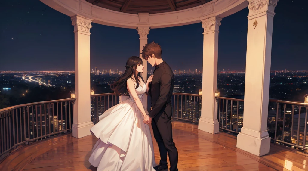 a couple embracing each other while standing on a balcony overlooking a city. The man is wearing a black shirt and the woman is wearing a white dress. They are holding hands and gazing into each other's eyes, creating a romantic atmosphere. The scene is set against a backdrop of a city at night, with a large window providing a view of the city lights and thin moon. The couple appears to be enjoying their time together.