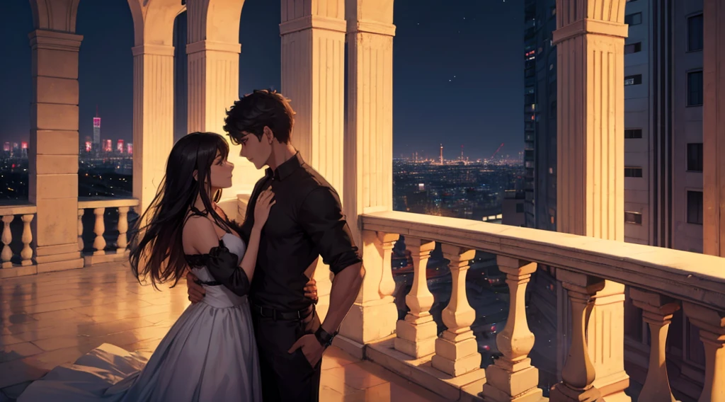 a couple embracing each other while standing on a balcony overlooking a city. The man is wearing a black shirt and the woman is wearing a white dress. They are holding hands and gazing into each other's eyes, creating a romantic atmosphere. The scene is set against a backdrop of a city at night, with a large window providing a view of the city lights and thin moon. The couple appears to be enjoying their time together.