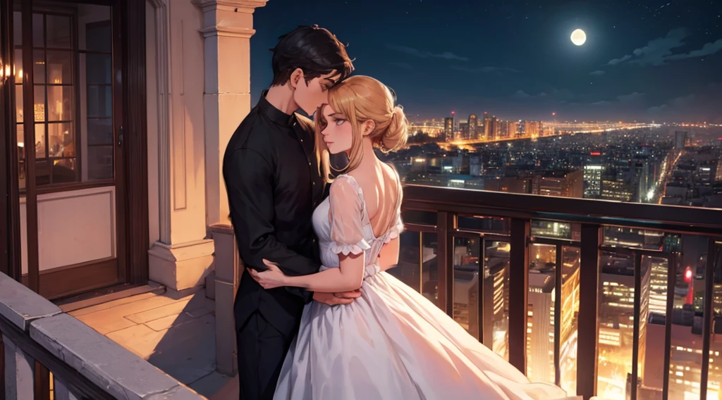 a couple embracing each other while standing on a balcony overlooking a city. The man is wearing a black shirt and the woman is wearing a white dress. They are holding hands and gazing into each other's eyes, creating a romantic atmosphere. The scene is set against a backdrop of a city at night, with a large window providing a view of the city lights and thin moon. The couple appears to be enjoying their time together.