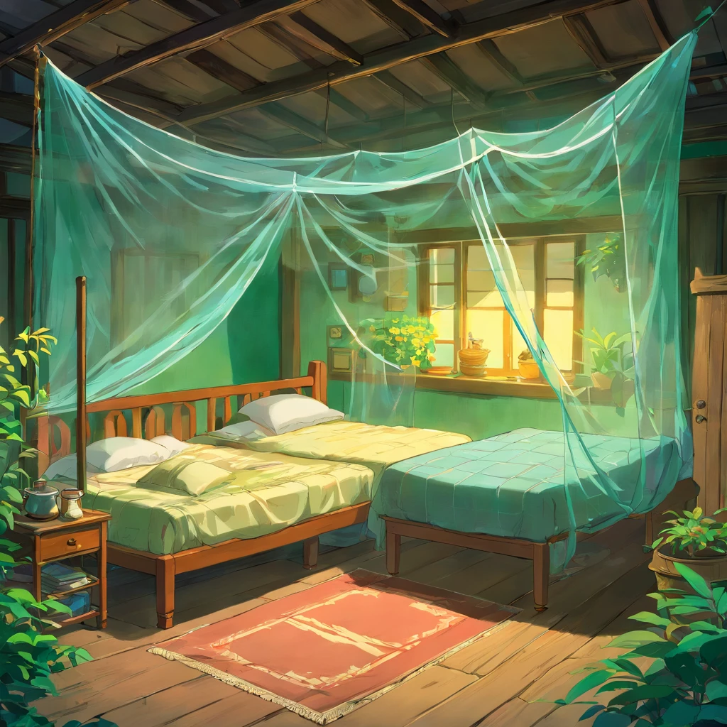 Old House summer Three brothers sleeping under a mosquito net 夜