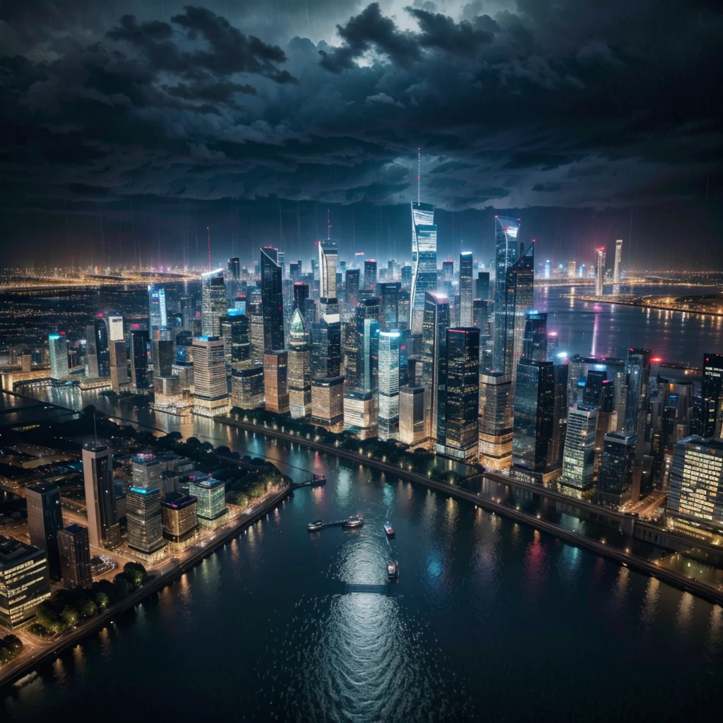 Aerial view of a modern city with skyscrapers, parks, Busy streets and snaking rivers, on a rainy day. The image must capture urban architecture, with tall buildings, wet streets and rain reflections. Cars with headlights on, people with umbrellas and puddles of water must be visible. the sky must be cloudy, with dark clouds and the lighting should be soft, reflecting the rainy weather.