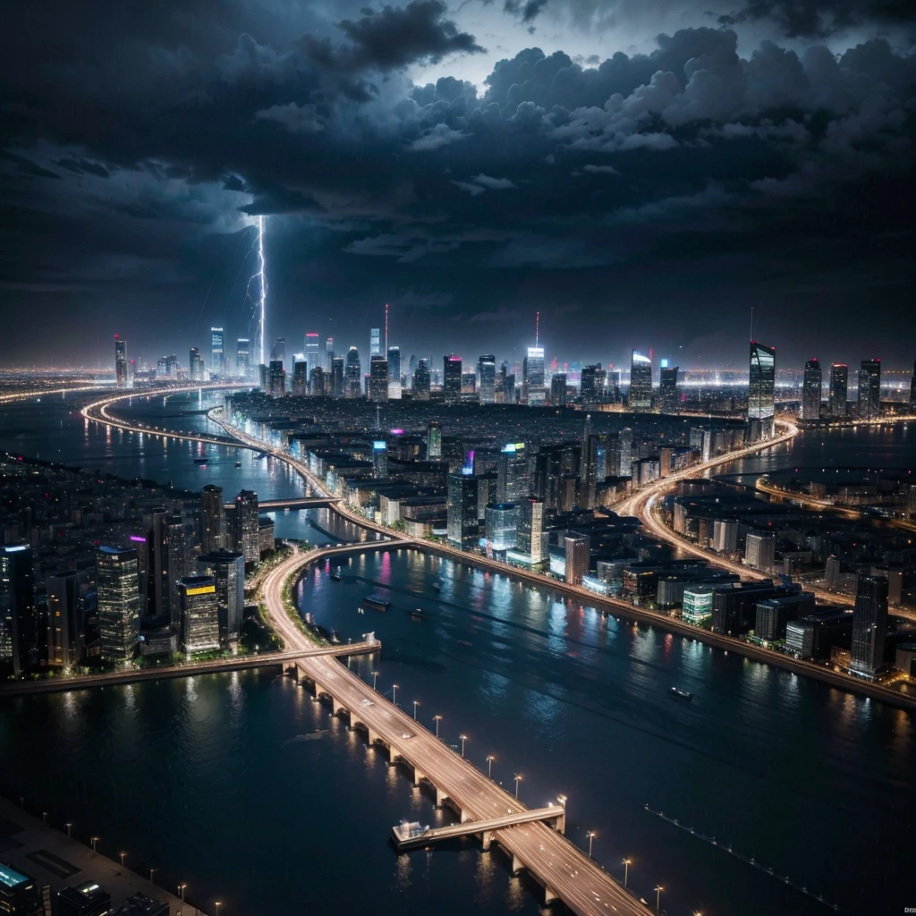 Aerial view of a modern city with skyscrapers, parks, Busy streets and snaking rivers, on a rainy day. The image must capture urban architecture, with tall buildings, wet streets and rain reflections. Cars with headlights on, people with umbrellas and puddles of water must be visible. the sky must be cloudy, with dark clouds and the lighting should be soft, reflecting the rainy weather.