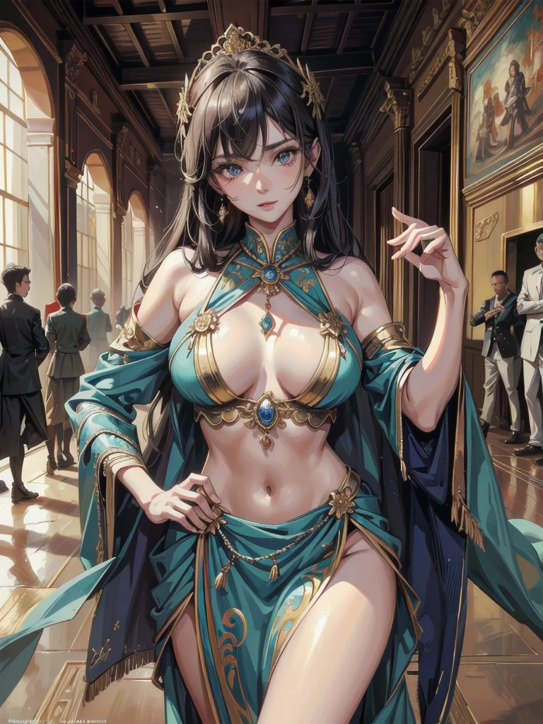 absurdres, RAW photo, extremely delicate and beautiful, masterpiece, Best Quality, ultra high resolution, 32k, hyperrealistic, ultra-detailed, perfect anatomy, anatomically correct, perfect figure, Perfect Style, Perfect balance, super Detailed skin, in her 30s, very Slim body, narrow waist, very small head, very small face, delicate facial features, handsome detailed woman, very detailed eyes and face, realistic face proportions, Realistic beautiful face, Realistic beautiful eyes, tearful mole, earring, huge round tits, whole body shot, medium hair, outdoor, Arabic dancers, Gorgeous dance costumes, (in ancient palace hall:1.2),