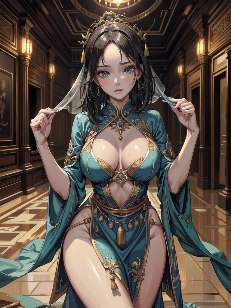 absurdres, RAW photo, extremely delicate and beautiful, masterpiece, Best Quality, ultra high resolution, 32k, hyperrealistic, ultra-detailed, perfect anatomy, anatomically correct, perfect figure, Perfect Style, Perfect balance, super Detailed skin, in her 30s, very Slim body, narrow waist, very small head, very small face, delicate facial features, handsome detailed woman, very detailed eyes and face, realistic face proportions, Realistic beautiful face, Realistic beautiful eyes, tearful mole, earring, huge round tits, whole body shot, medium hair, outdoor, Arabic dancers, Gorgeous dance costumes, (in ancient palace hall:1.2),