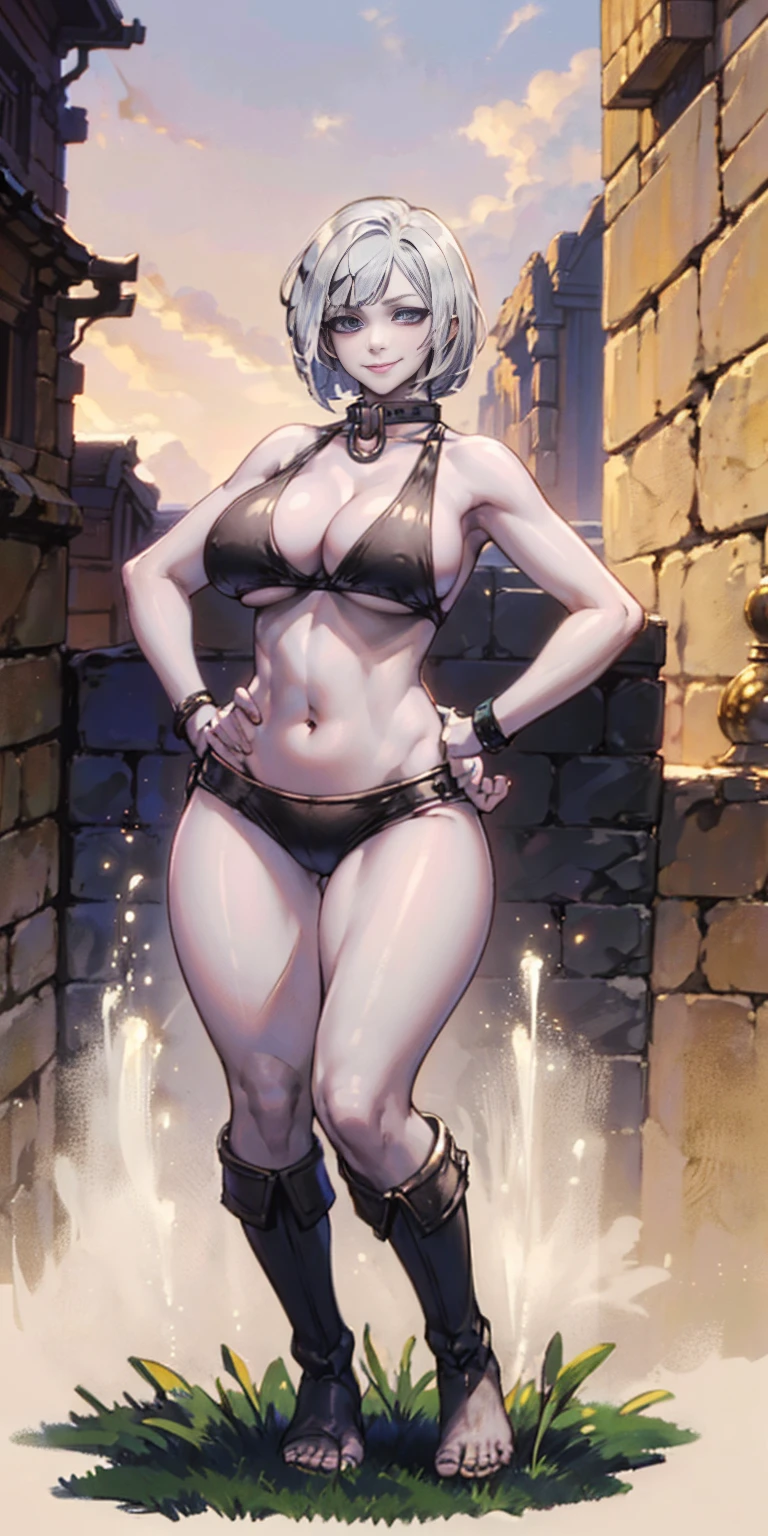 woman full body toe to head, short bob white hair, feet together, high boots, big breast big knockers, hands on hips, black bikini, leather choker collar with bell, belly navel, lustful smirking smile face, plain background