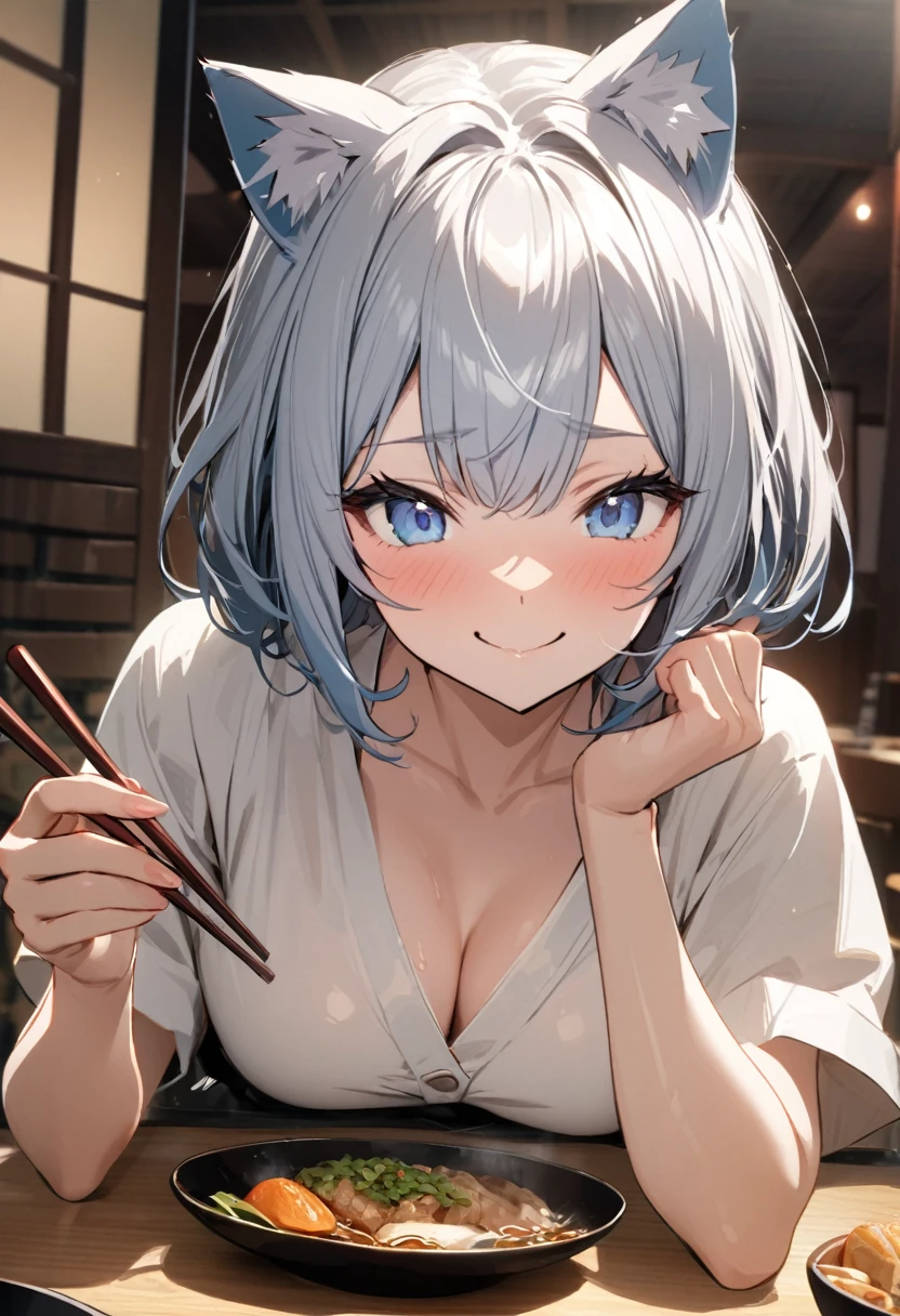1girl、(((best quality)), ((masterpiece)), (details), masterpiece, best quality, high quality, ulutra detailed, perfect face, ((1girl, Blue eyes, cat ears: 1.3 silver bob hair: 2.5,))、Shiny Hair、Glowing Skin、Happy face、Lustful look、Unaju、テーブルにUnajuを置く、Inside a Japanese restaurant、A happy face、Holding chopsticks