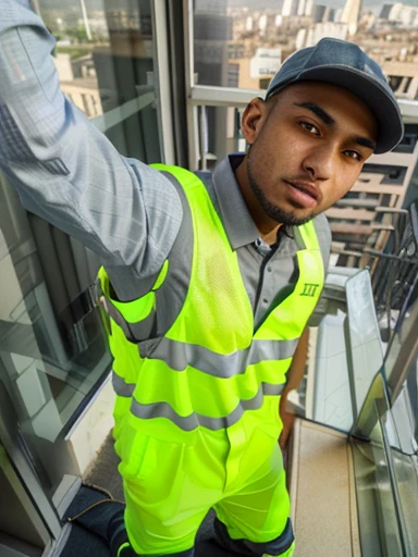 a young muslim man, wearing a hi-vis safety vest, grey baseball cap, standing on a balcony, arms raised, 28 years old, highly detailed, photorealistic, 8k, realistic lighting, dramatic lighting, cinematic composition, beautiful colors, warm tones, hyper detailed
