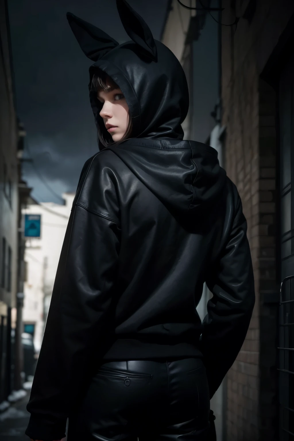 A white woman in a hood with bunny ears, black sweater and black pants holding a gun, looking at her looking for someone, in a dark alley on a cloudy late afternoon, looking intently with your dark blue eyes. Behind her, a tall boy, strong with black suit and black overcoat, wearing a crow mask looking at the girl from behind, waiting for her to look back and notice her presence