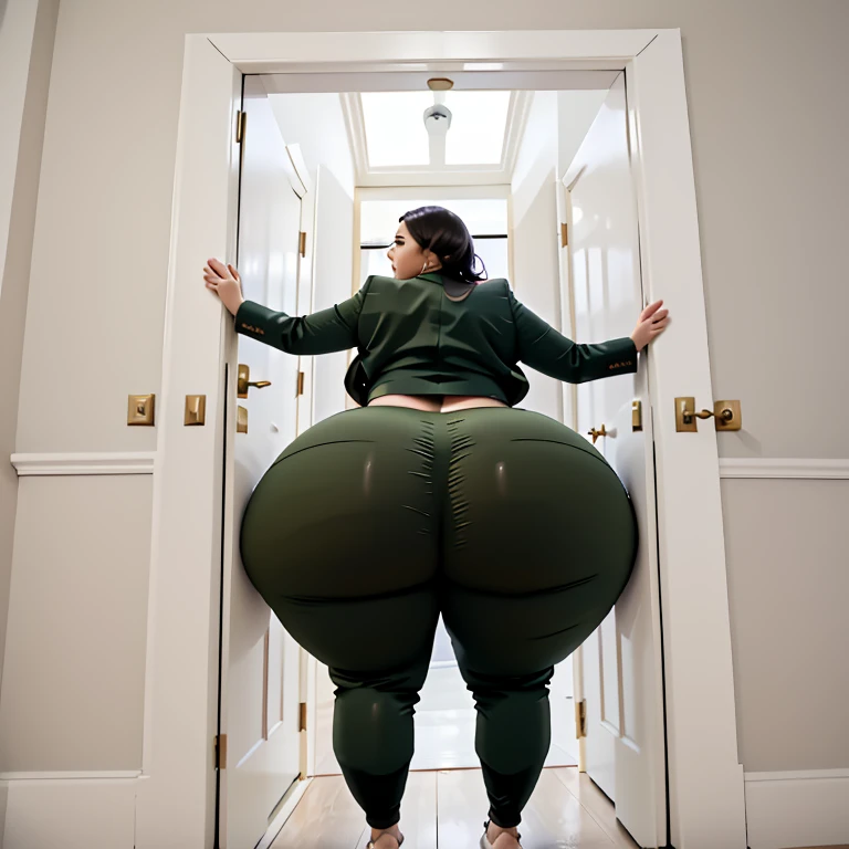 masterpiece, 1girl behind a doorway, from behind, (doorstuck, stuckback:1.3), ssbbw ,huge wide hips, round belly, thick thighs, giant butt,colorful clothing, wearing a olive green suit and tie and formal pants, upset, desperately trying to wiggle through, she tries to free herself but she won't budge, she is stuck tight view from behind, she is too wide, the doorway is quite narrow too, she kicks her legs furiously, trying to wiggle her hips through the small door, but its no good, the door is too small, she keeps trying to squeeze through with frustration, she is stuck too tight