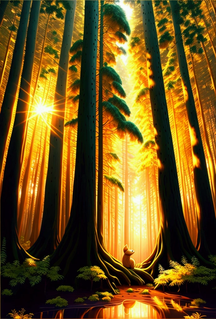 Capture the tranquil beauty of an ancient forest at sunset、Create awe-inspiring works of digital art。. そびえ立つwood々The scene should depict the figure bathed in soft light., wood々Golden light shining through, Casting a gentle shadow on the lush undergrowth. The image should evoke a sense of serenity and wonder., Immerse your audience in the fascinating world of nature.