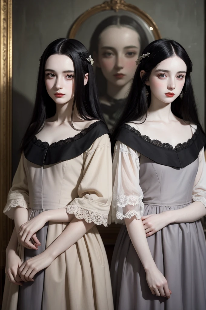 two noble twins with black hair and pale skin being portrayed in a French painting in the 1950s, they wear dark clothes and their faces are covered by a flaw in the painting