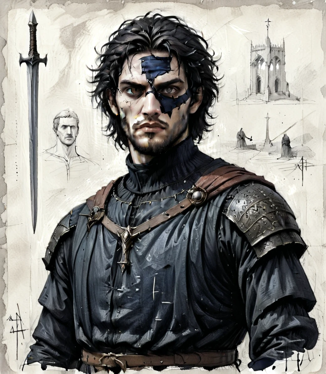 score_8_up, score_7_up, a man with black messy hair and sunken eyes wearing a hauberk under a bronze chestplate decorated by a dark blue tabard and an eyepatch, wielding a sword, sketch, simple background, white background