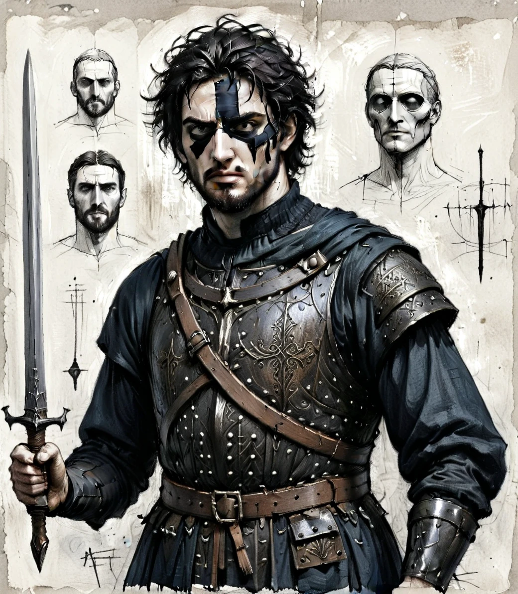 score_8_up, score_7_up, a man with black messy hair and sunken eyes wearing a hauberk under a bronze chestplate decorated by a dark blue tabard and an eyepatch, wielding a sword, sketch, simple background, white background