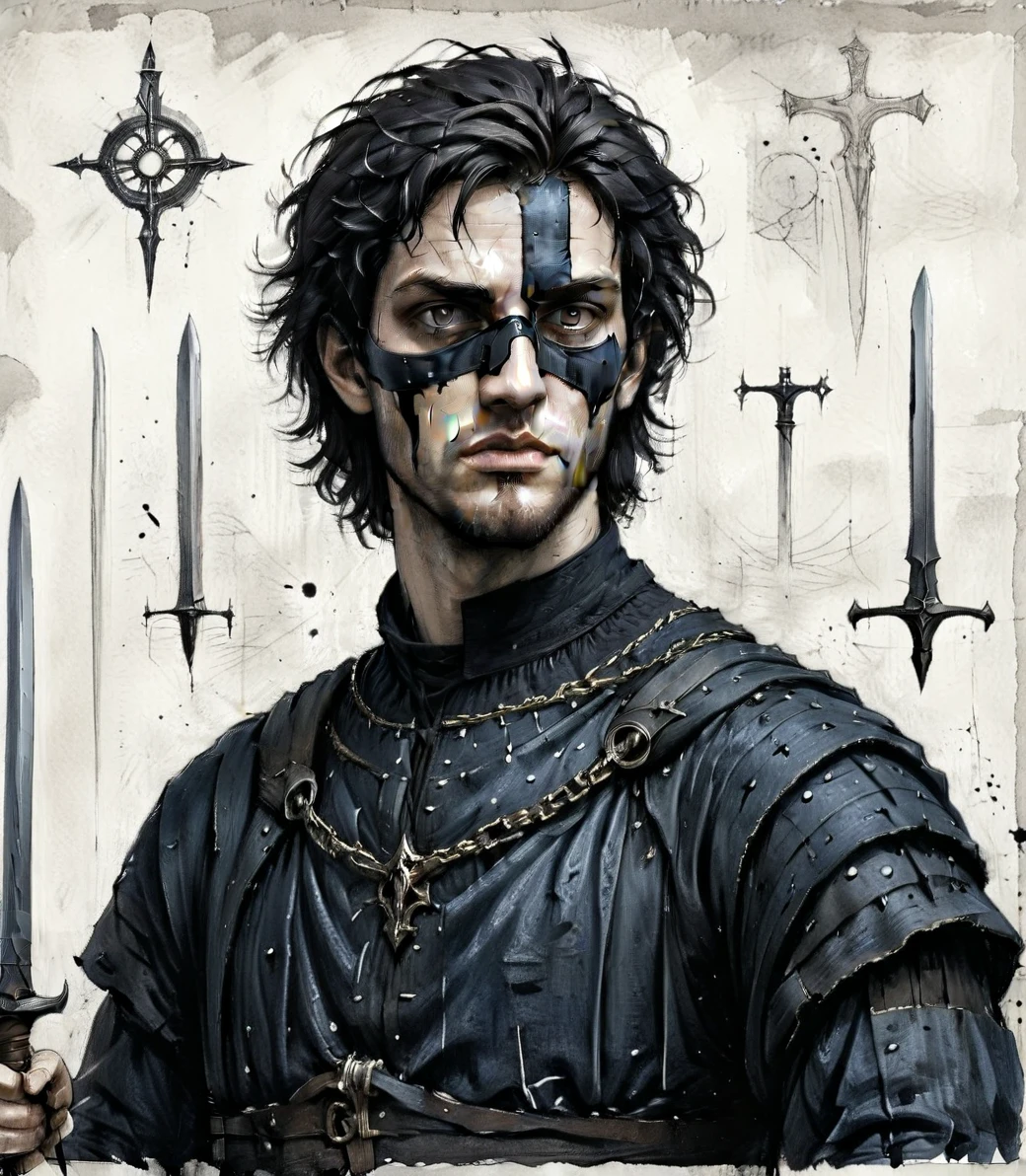 score_8_up, score_7_up, a man with black messy hair and sunken eyes wearing a hauberk under a bronze chestplate decorated by a dark blue tabard and an eyepatch, wielding a sword, sketch, simple background, white background