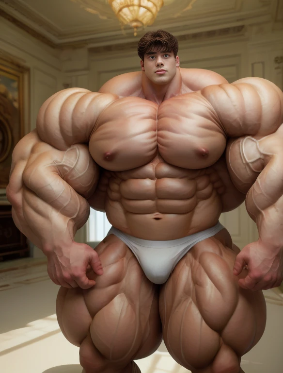 1boy, giant, alone, giant bodybuilder, illuminating light, strong body, bulk, large size, standing in white decoration room, indoor, nude, white triangular underwear, thick bulge, scratch his bulge, extraordinary big, brutalmass, giant muscular body, bulk, buff, massive body, large meaty body size, extremely wide body, hairy body