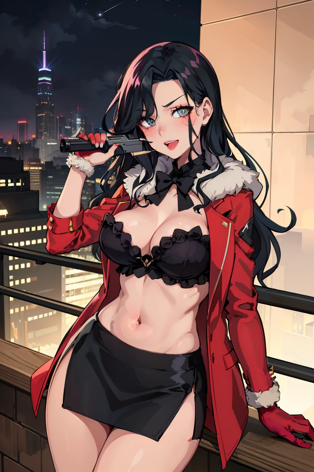 Karumen, blush, lipstick, long hair, crazy eyes ,Hot girl, baddie, staring, glaring, bad attitude, mean girl, crazy, smoking, sensual, attractive, outdoors, rooftop, cityscape, building, railing, night, night sky, scenery, city lights, fur trim, mature female, gloves, fur-trimmed coat ,masterpiece, best quality, highly detailed, a girls with a gun, open mouth, blazer, sexy gaze, (nsfw) not
safe for work, badass pose , evil smile, smile, black bra, anime girl with long hair, long haired girl,
navel, evil expression, exposed belly, exposed navel, exposed midriff, exposed lower belly, micro
miniskirt, micro pencil skirt, pencil skirt ,holding a gun, holding pistol