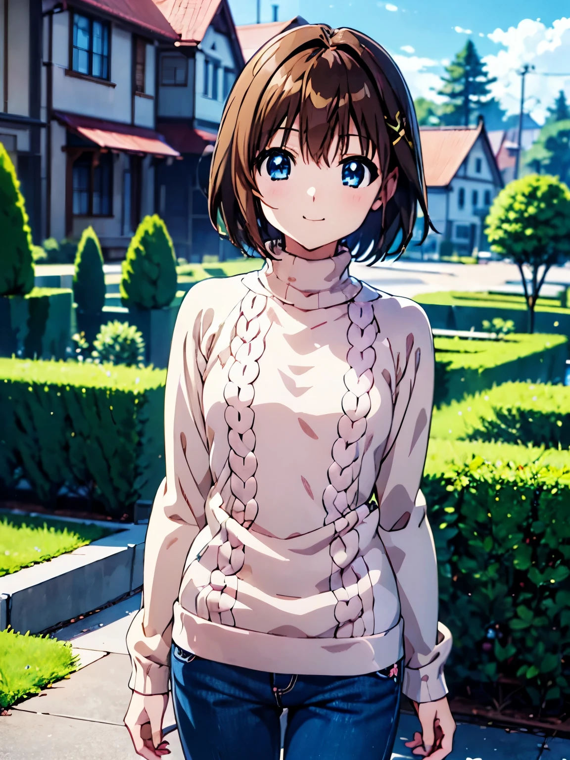 masterpiece,(Anime illustration style:1.5),Shooting from the front、Highest quality,Super detailed,Outdoor,One girl, ************, Hayate Yagami, Standing、short hair, blue eyes, Brown Hair, hair ornaments, x hair ornaments,sweater, pink sweater, turtleneck, Long sleeve,In jeans、smile、 Cowboy Shot