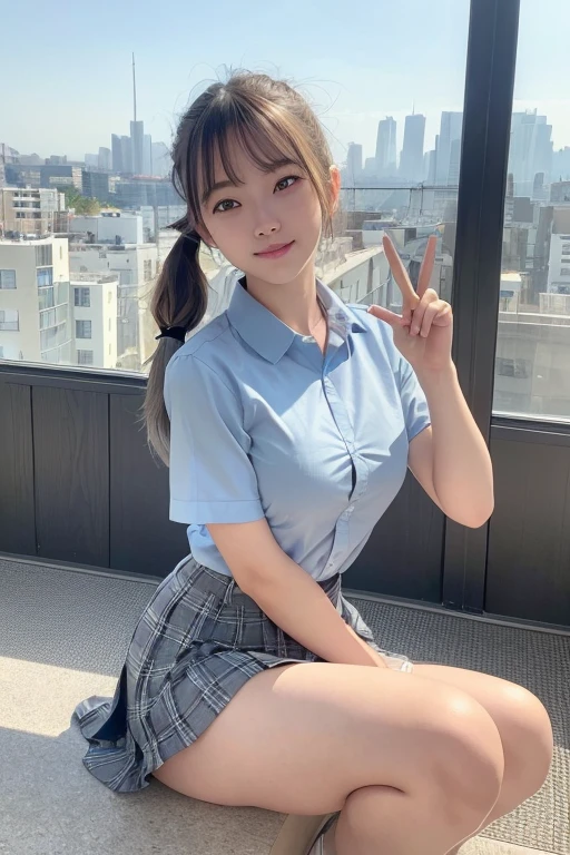 (masterpiece:1.3, Highest quality, Ultra-high resolution, Very detailed), (Realistic:1.1, photoRealistic:1.4), Beautiful illustrations, Perfect lighting, colorful, Written boundary depth, Beautiful detailsまでこだわった髪, Beautifully detailed face, Beautiful details, Beautiful clavicle, Beautiful body, Beautiful breasts, Beautiful thighs, Beautiful legs, Beautiful fingers, View your audience, 1 girl, Japanese, Elementary school girl, Perfect Face, (Perfect Anatomy, Anatomically correct), Cute and symmetrical face, Baby Face, Sunburn, Glowing Skin, (Mid-length hair:1.5, Twin tails:1.2, blonde), Asymmetrical bangs, blue eyes, Long eyelashes, (Mid-chest), thin, ((Collared short-sleeved shirt, Light blue shirt, , Grey plaid pleated skirt, To the Navy)), No pants, (Beautiful views), evening, (Outdoor, distant cityscape), Are standing, (peace sign), (Cute Smile, 鬠红、Upward glance, Open your mouth), (Open Girl'Cat:1.3), hour々squat:1.2,Put your finger in your pussy:1.5,((A large amount of pee is sprayed from the vagina)),(((Very few, Young face and breasts))),Getting wet in the rain