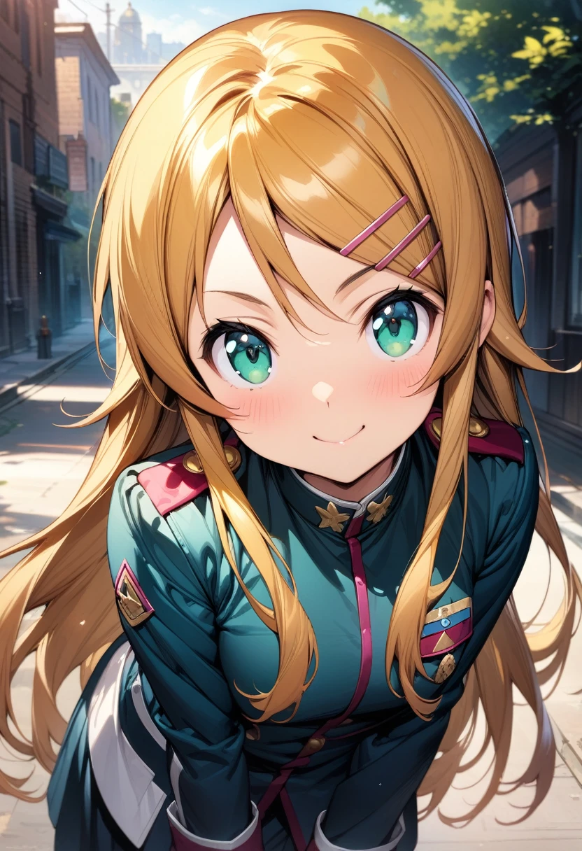 (masterpiece),(best quality),(ultra-detailed),(best illustration),(best shadow),(absurdres),(detailed background),(very aesthetic), kirino kousaka, blonde hair, long hair, hair clip, green eyes, bangs, uniform, looking at viewer, upper body, smile, leaning forward