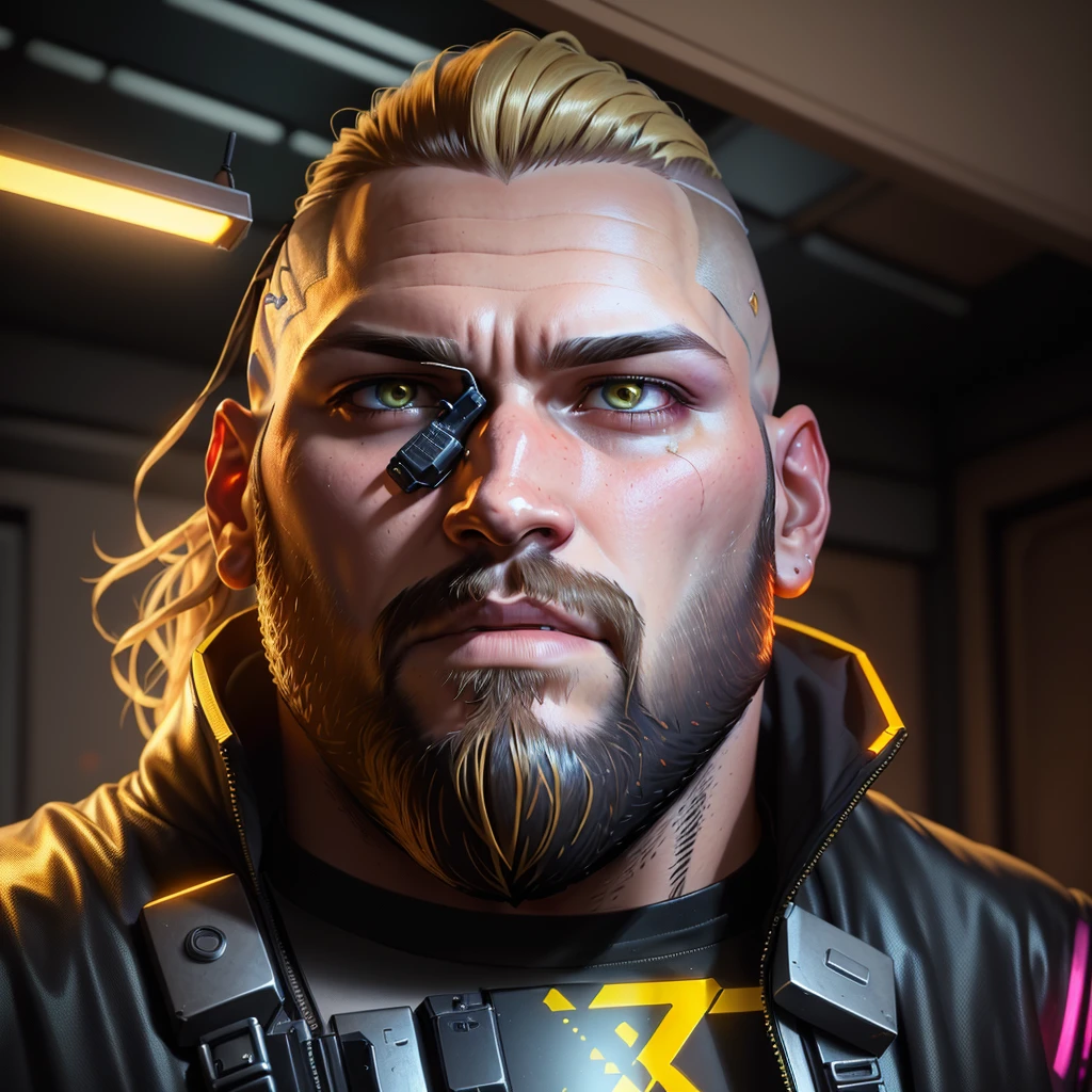 a man with a beard, neck beard, almost dark blonde, 32 years old, full beard, small beard, short beard, Cyberpunk 2077 lighting, dramatic lighting, Cyberpunk 2077 style