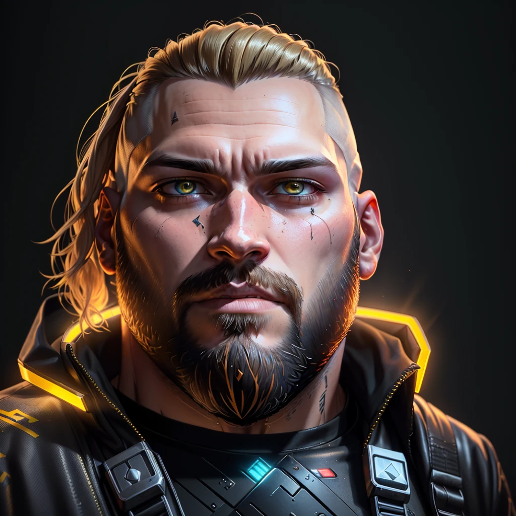 a man with a beard, neck beard, almost dark blonde, 32 years old, full beard, small beard, short beard, Cyberpunk 2077 lighting, dramatic lighting, Cyberpunk 2077 style