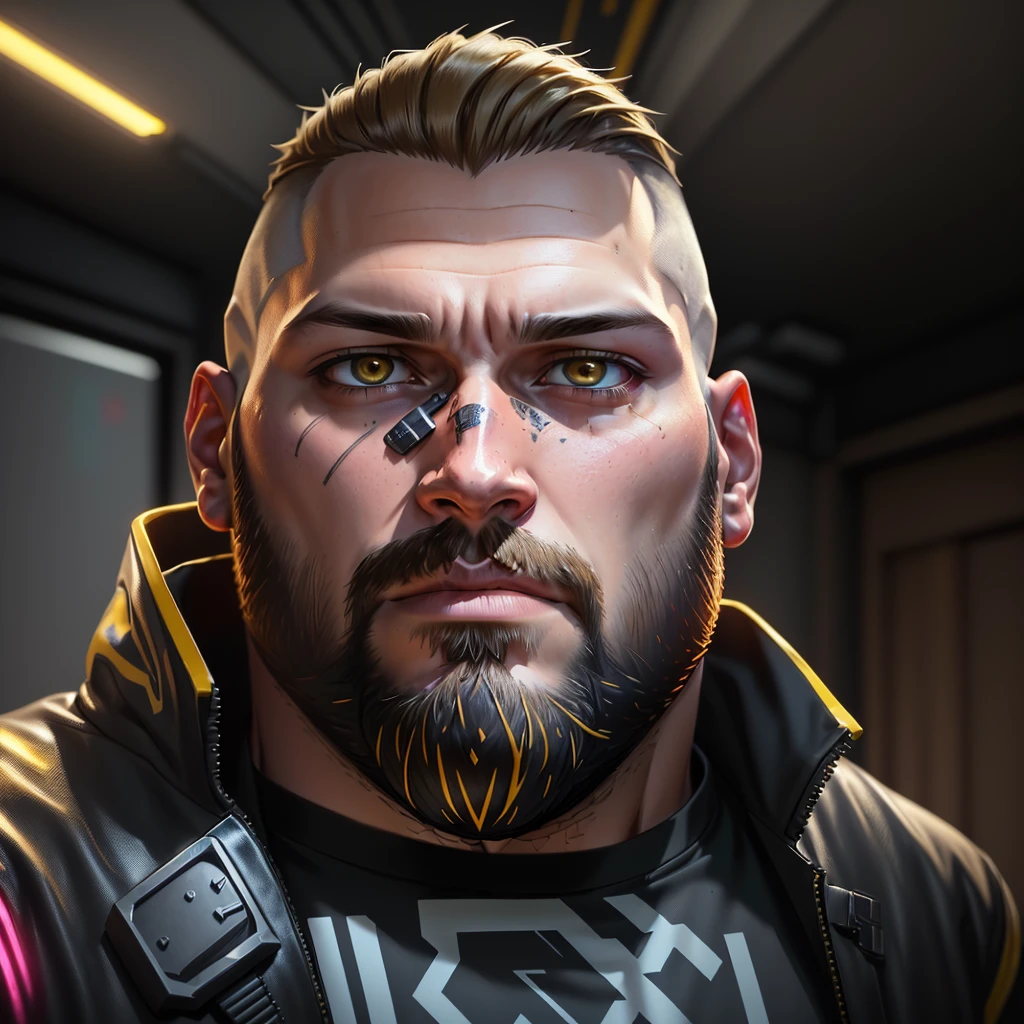 a man with a beard, neck beard, almost dark blonde, 32 years old, full beard, small beard, short beard, Cyberpunk 2077 lighting, dramatic lighting, Cyberpunk 2077 style