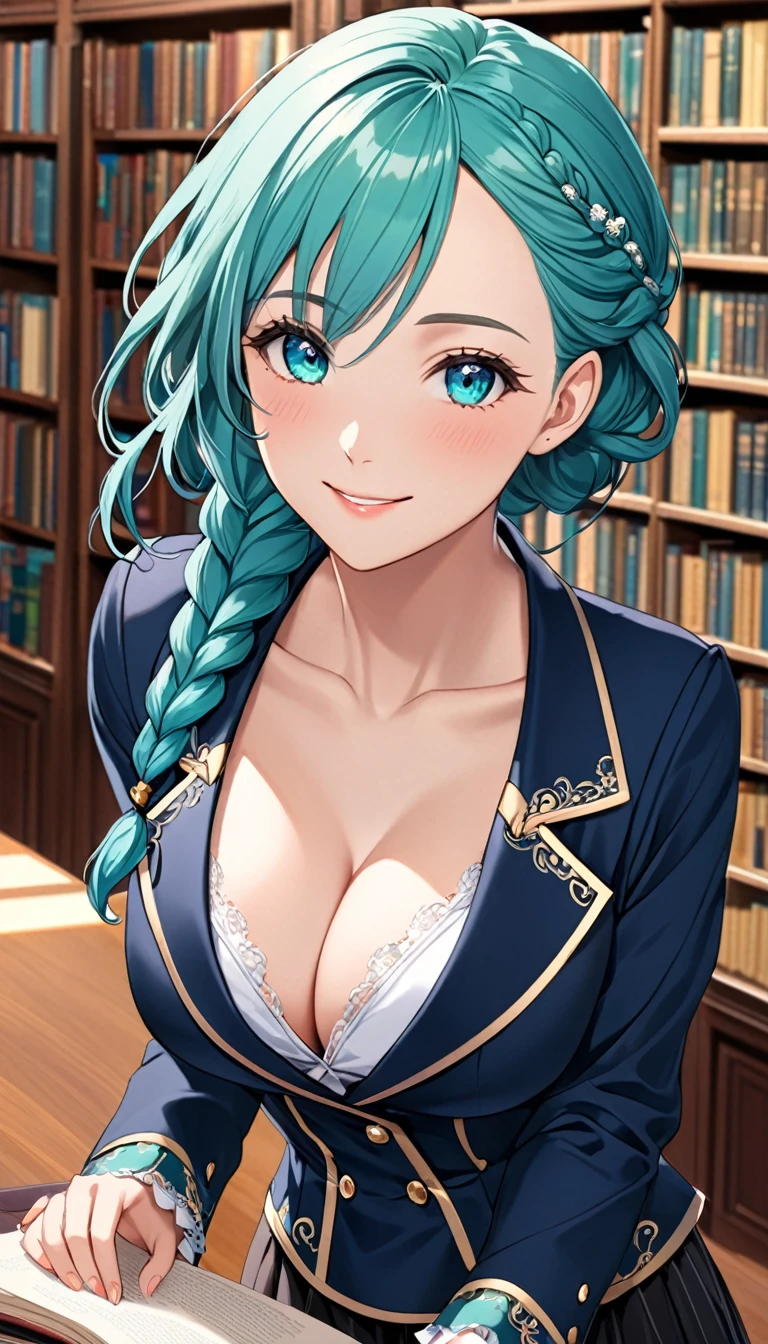 Masterpiece, best quality, 1_woman, (upper body), (Caucasian skin_complexion), mature, (looking at viewer), head turned, smiling, teal hair, long double hair braids, bright teal hair, diamond shaped eyes
, large_bust, chest window, cleavage, dark blue (Victorian blazer), white halter top blouse, double button breast, long dark blue (mini skirt), silver trim, black tights, black heels, small waist, perfect hands, standing in library, library,