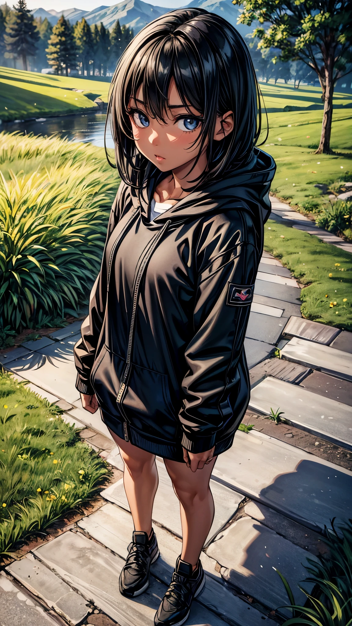 ((From above)),((look away2.0)),((face close up)),beautiful detailed eyes, beautiful detailed lips, extremely detailed eyes and face, longeyelashes, 1 Japanese girl, outside the countryside,,((dark skin color2.0)), (very short black hair),displeased,casual ((dark blue Parka/hoodie)),((Five quarter spandex)),white sneaker, rucksack, walk the countryside,best quality, 4k, 8k, highres, masterpiece:1.2, ultra-detailed, realistic, photorealistic, photo-realistic:1.37, HDR, UHD, studio lighting, ultra-fine painting, sharp focus, physically-based rendering, extreme detail description, professional, vivid colors, bokeh, portraits