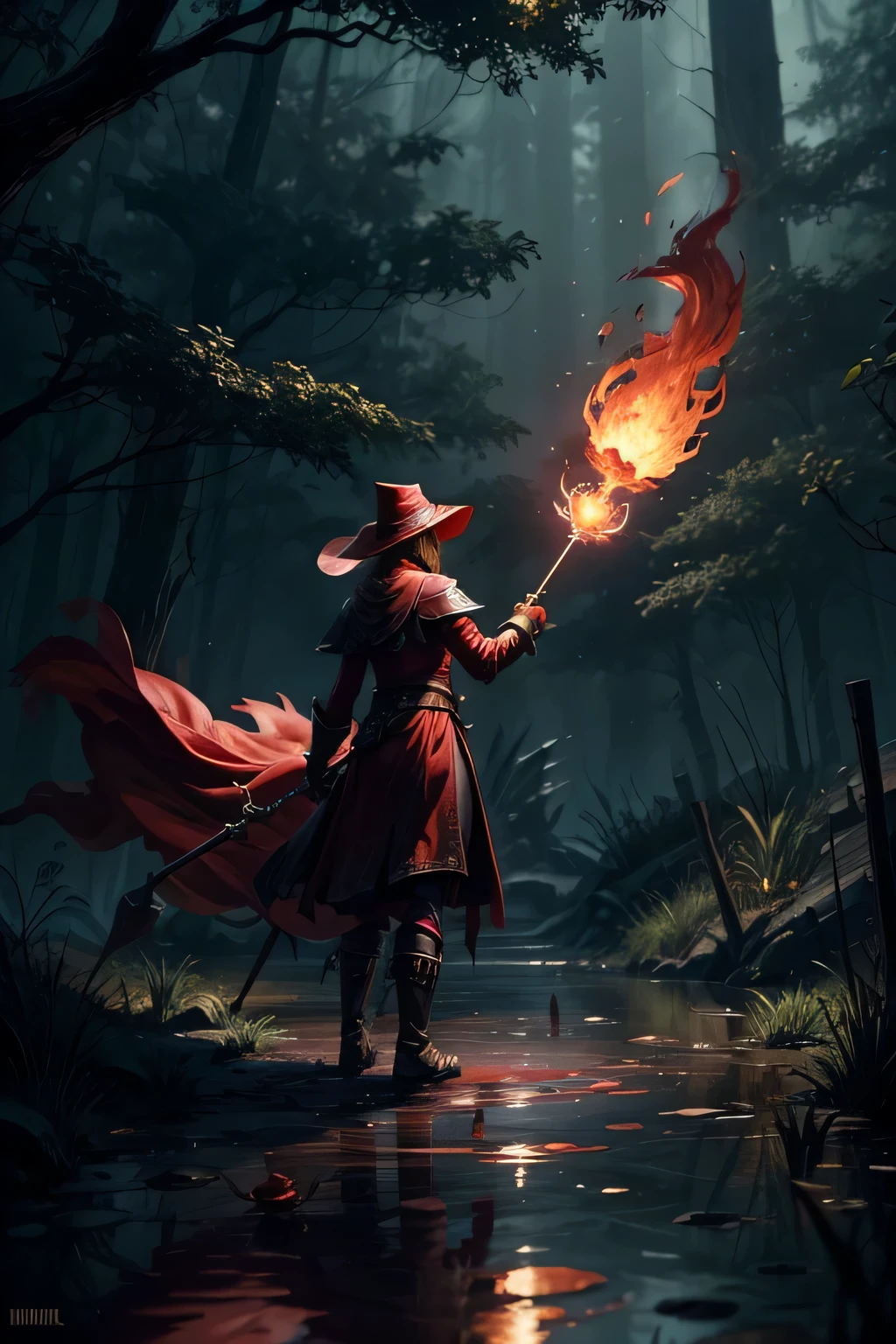a Red mage, holding a fireball with a staff in the other hand, in a dark swamp, killing monsters