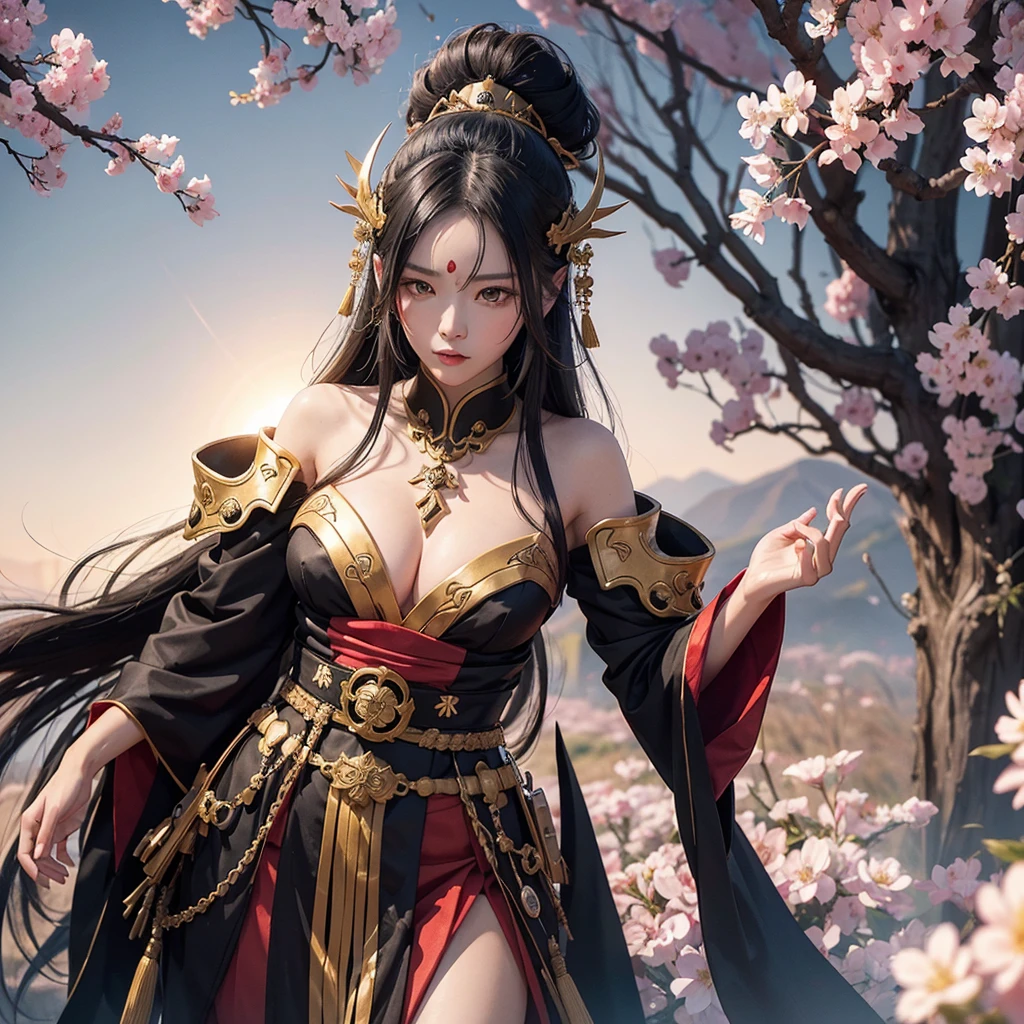 Generate image of the two characters described in a sakura field, in medieval fantasy art style, legend of the 5 rings, OpenArt SDXL model. Show 2 characters one beside two in the same frame
Yoyimbo, he is a humanoid creature with the appearance of a samurai, standing 2 meters tall. He wears heavy Japanese-style Yoroi, with a Kabuto and mempo mask. The armor is predominantly WHITE color with black accents, and the mempo reveals only the magical yellow glow of his eyes. He stands exuding a powerful and imposing presence.
Rioko, she is a young and attractive girl, 21 years old, with an oriental appearance. She has long black hair and stands 1.60 meters tall. She is dressed in a kimono that is predominantly RED color with gold accents, and her face shows a compassionate gaze. She stands complementing Yoyimbo with her graceful and serene presence.