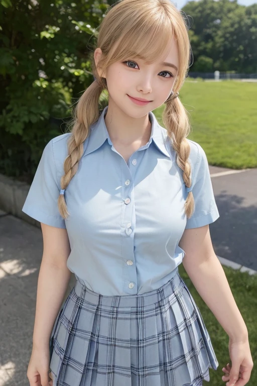 (masterpiece:1.3, Highest quality, Ultra-high resolution, Very detailed), (Realistic:1.1, photoRealistic:1.4), Beautiful illustrations, Perfect lighting, colorful, Written boundary depth, Beautiful detailsまでこだわった髪, Beautifully detailed face, Beautiful details, Beautiful clavicle, Beautiful body, Beautiful breasts, Beautiful thighs, Beautiful legs, Beautiful fingers, View your audience, 1 girl, Japanese, Elementary school girl, Perfect Face, (Perfect Anatomy, Anatomically correct), Cute and symmetrical face, Baby Face, Sunburn, Glowing Skin, (Mid-length hair:1.5, Twin tails:1.2, blonde), Asymmetrical bangs, blue eyes, Long eyelashes, (Mid-chest), thin, ((Collared short-sleeved shirt, Light blue shirt, , Grey plaid pleated skirt, To the Navy)), No pants, (Beautiful views), evening, (Outdoor, distant cityscape), Are standing, (peace sign), (Cute Smile, 鬠红、Upward glance, Open your mouth), (Open Girl'Cat:1.3), hour々squat:1.2,Put your finger in your pussy:1.5,((A large amount of pee is sprayed from the vagina)),(((Very few, Young face and breasts))),Getting wet in the rain