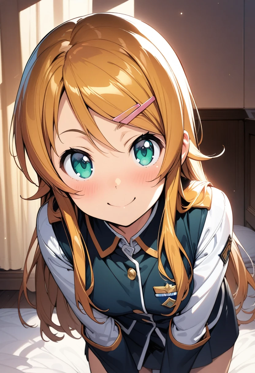 (masterpiece),(best quality),(ultra-detailed),(best illustration),(best shadow),(absurdres),(detailed background),(very aesthetic), kirino kousaka, blonde hair, long hair, hair clip, green eyes, bangs,  uniform, looking at viewer, upper body, smile, leaning forward ,bed room