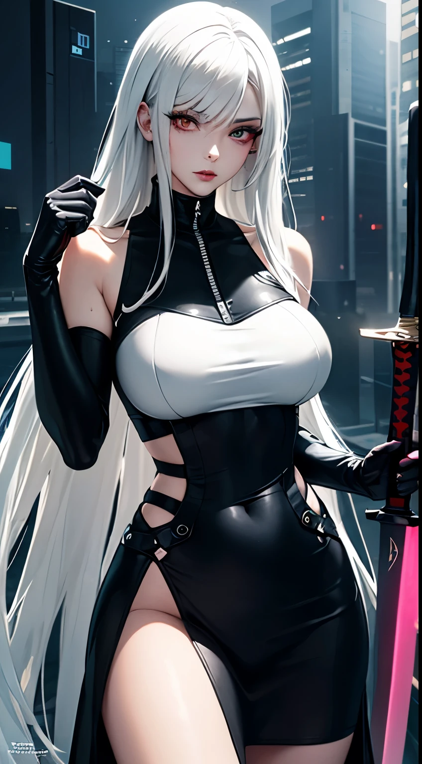 highest detailed, woman with white really long messy beautiful detailed half black half white hair serious eyes, dull eyes, dead inside, dar heterochromia yellow and red eyes, beautiful, majestic, evil, , robtic black arm, y lips, cold, with huge cyberpunk sword