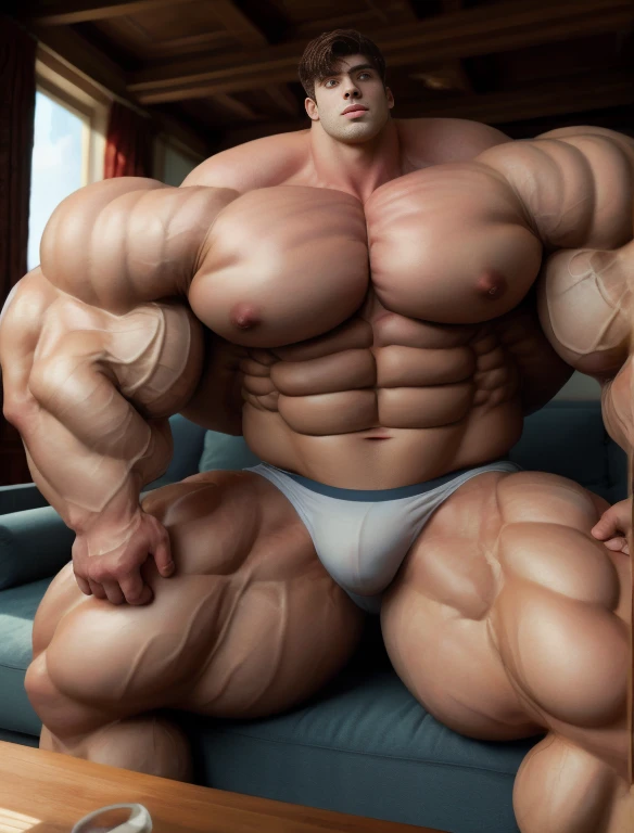 1boy, giant, giant bodybuilder, stand, warm light, strong body, bulk, large size, staring, sitting on couch in the living room, open legs, nude, white triangular underwear, prominent bulge, extraordinary big, brutalmass, giant, muscular body, bulk, buff, massive body, large meaty body size, extremely wide body, hairy body