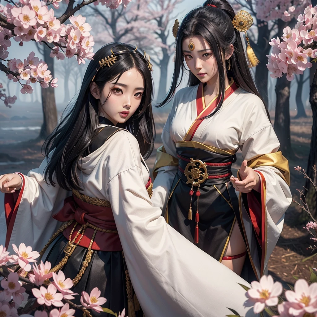 Generate image of the two characters described in a sakura field, in medieval fantasy art style, legend of the 5 rings, OpenArt SDXL model. Show 2 characters one beside two in the same frame
Yoyimbo, he is a humanoid creature with the appearance of a samurai, standing 2 meters tall. He wears heavy Japanese-style Yoroi, with a Kabuto and mempo mask. The armor is predominantly WHITE color with black accents, and the mempo reveals only the magical yellow glow of his eyes. He stands exuding a powerful and imposing presence.
Rioko, she is a young and attractive girl, 21 years old, with an oriental appearance. She has long black hair and stands 1.60 meters tall. She is dressed in a kimono that is predominantly RED color with gold accents, and her face shows a compassionate gaze. She stands complementing Yoyimbo with her graceful and serene presence.