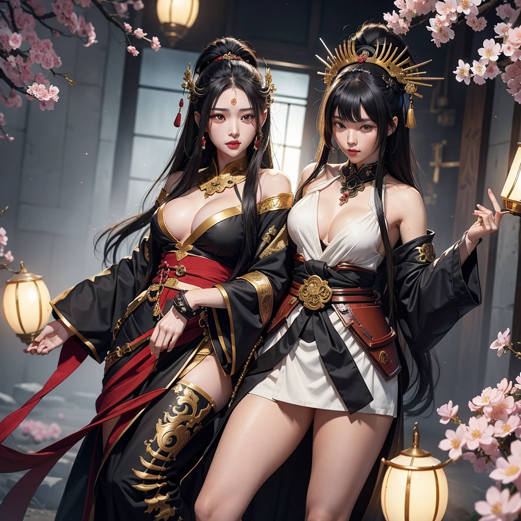 Generate image of the two characters described in a sakura field, in medieval fantasy art style, legend of the 5 rings, OpenArt SDXL model. Show 2 characters one beside two in the same frame
Yoyimbo, he is a humanoid creature with the appearance of a samurai, standing 2 meters tall. He wears heavy Japanese-style Yoroi, with a Kabuto and mempo mask. The armor is predominantly WHITE color with black accents, and the mempo reveals only the magical yellow glow of his eyes. He stands exuding a powerful and imposing presence.
Rioko, she is a young and attractive girl, 21 years old, with an oriental appearance. She has long black hair and stands 1.60 meters tall. She is dressed in a kimono that is predominantly RED color with gold accents, and her face shows a compassionate gaze. She stands complementing Yoyimbo with her graceful and serene presence.