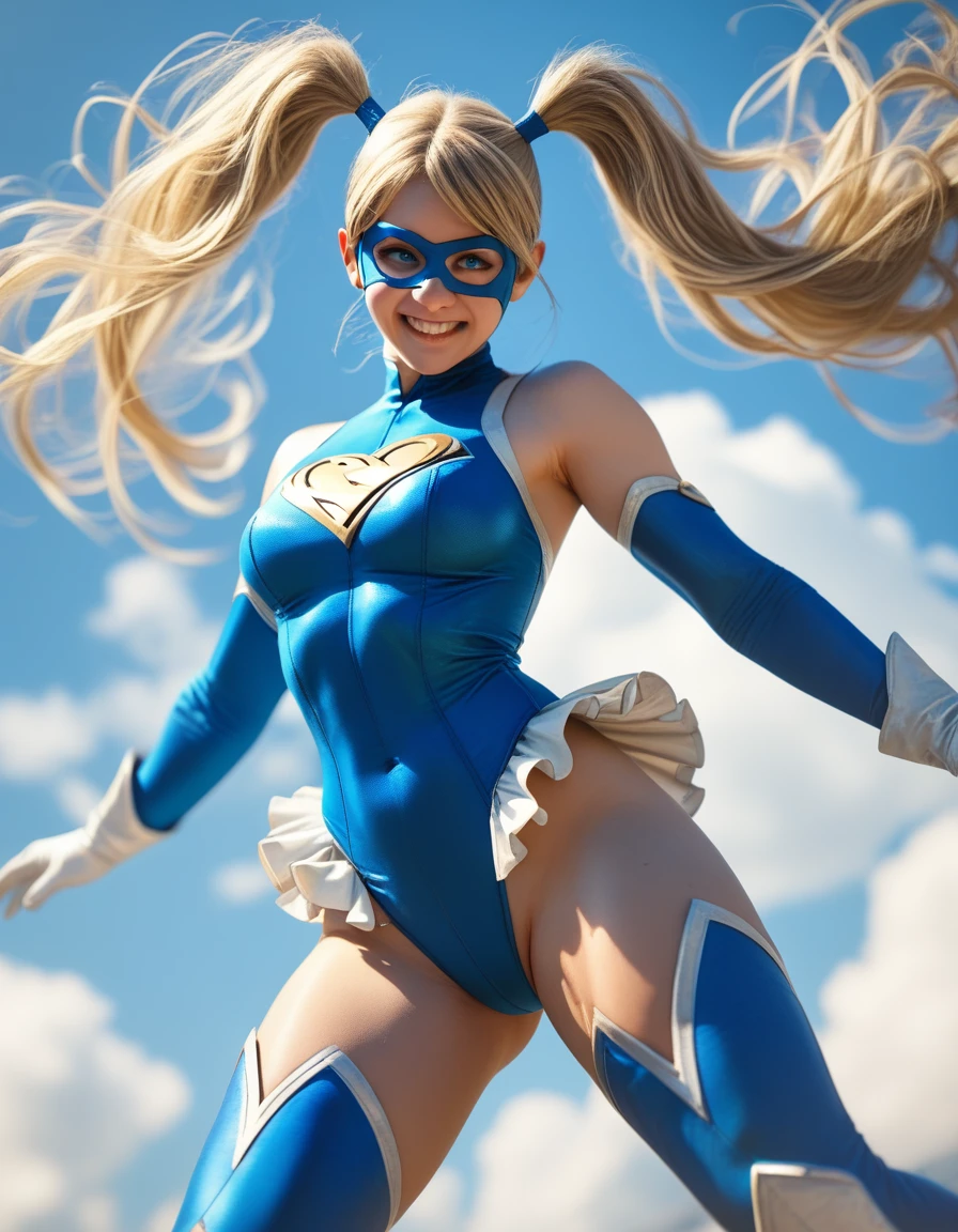 Dynamic and vibrant illustration of a female superhero in mid-air, seemingly in action. The character Mika has long, flowing blonde hair styled in pigtails, and she is wearing a blue and white costume with a form-fitting bodysuit, thigh-high boots, and gloves. Her outfit features a heart emblem on the chest and blue stripes on the thighs. She has a confident expression with a wide smile and is wearing a blue mask over her eyes. The background is a blur of colors, suggesting motion and speed, enhancing the sense of action and energy in the scene. anime, anatomically correct, super detail, high quality, 4K