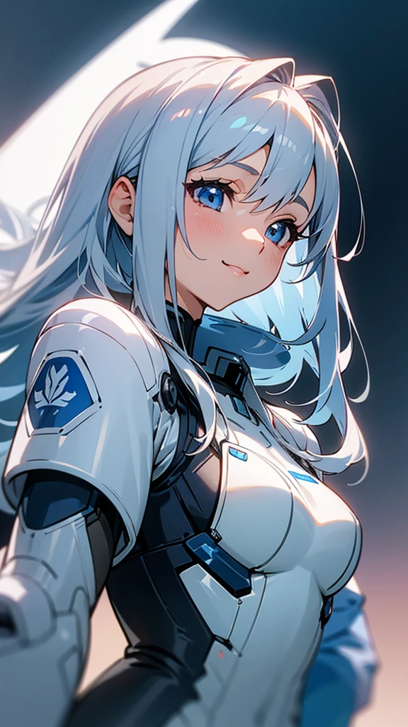 1 girl、8k、Sharp focus、(Bokeh) (Highest quality) (Detailed skin:1.3) (Intricate details) (anime)、Long silver hair、Half Up、blue eyes、White and blue pilot suit、smile、From the side、Upper body close-up