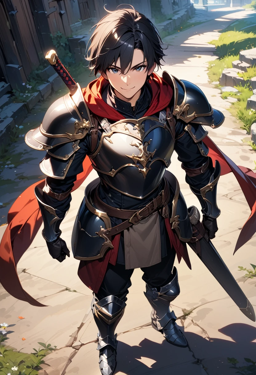 (masterpiece),(best quality),(ultra-detailed),(best illustration),(best shadow),(absurdres),(detailed background),(very aesthetic), 1boy, male-focus, armor, solo, cape, black-hair, gloves, holding, smile, belt, boots, full-body, standing, greaves, armored-boots, shoulder-armor, sheath, breastplate, pauldrons, short-hair
