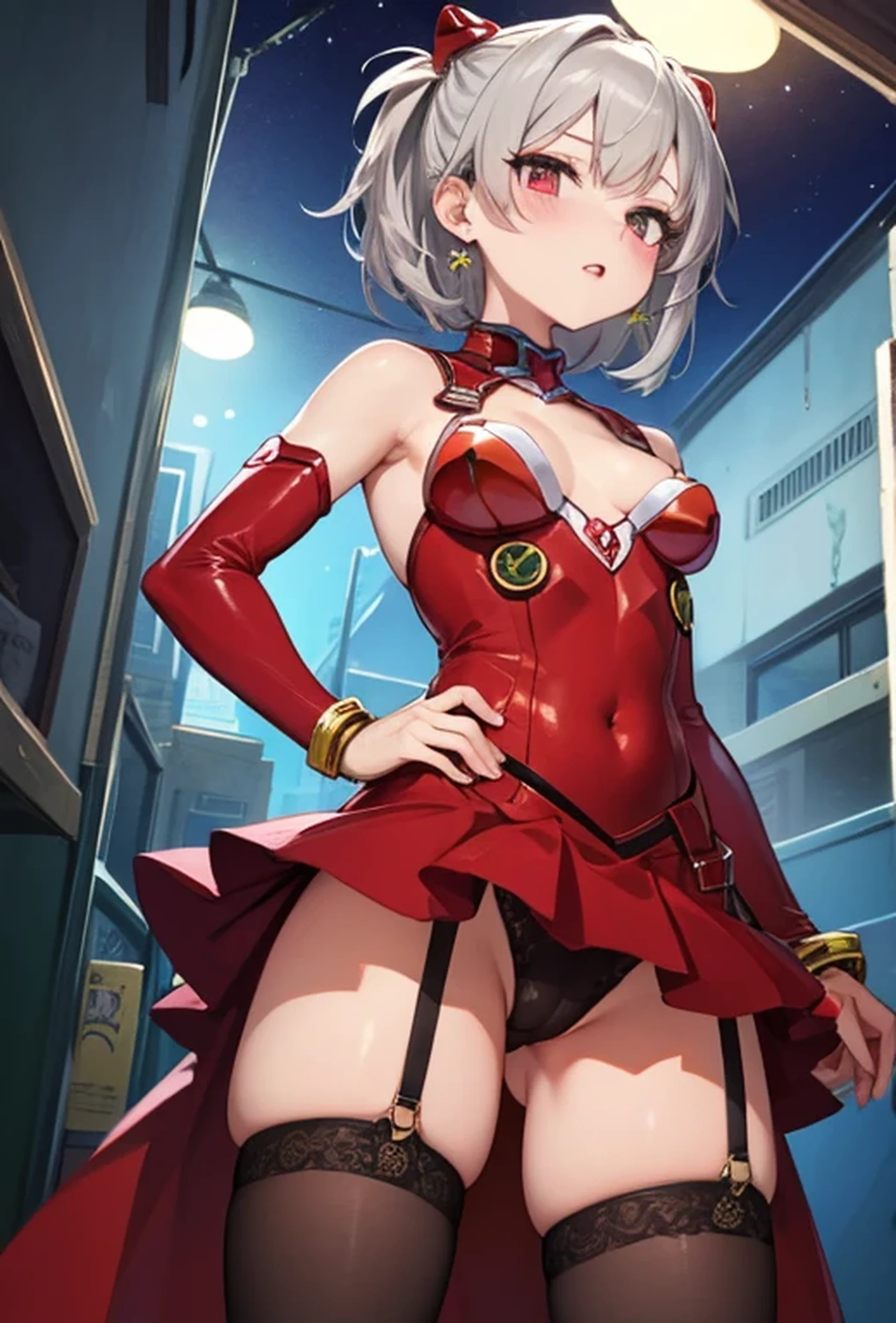 (Super detailed、Ultra-high resolution、8K masterpiece、Vibrant colors)、((Flat Color))、Back alley at night、cyber punk、Colorful street lights、BDSM、Bondage、1 Sentai Heroine、Big Breasts、
(Bondageファッション、Knee-high bootini skirt、Knee-high stockings、garter belt)、Angle from below、(Stoic、despise)、(Random Sexy Poses)、(Soryu Asuka Langley)、
(short hair、Vermilion, gold and silver hair、hair ornaments、Brown Skin、Red lipstick、Earrings)、Beautiful hip line、(cameltoe)