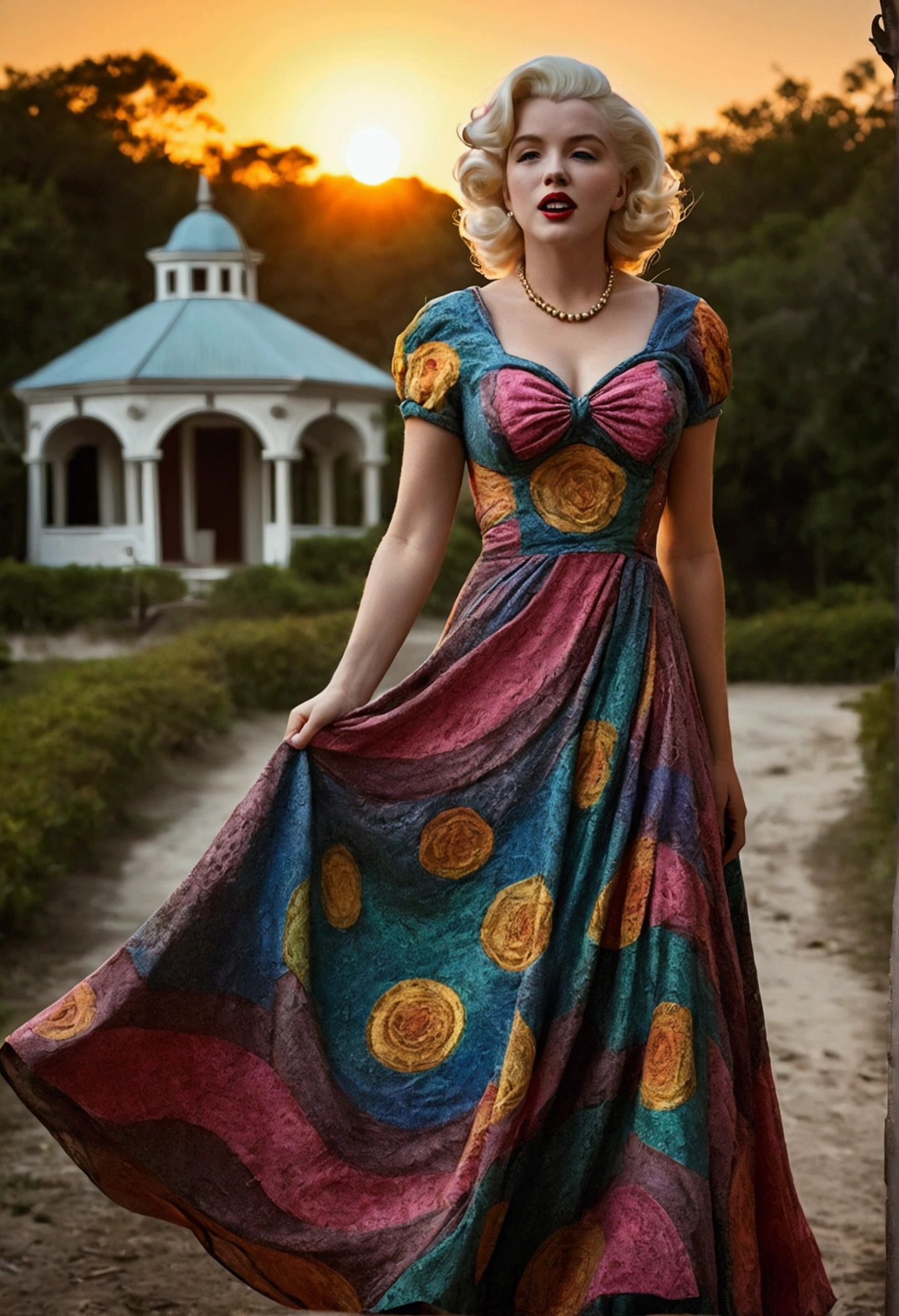 (((Colorful fantasy long dress)))((Marilyn Johansson, 27 year old, dressed))((running outside)(((background film props [Cidade do velho oeste | haunted mansion | fisherman played | World War II European Village | moon landscape])))((strange lighting of the sunset))((something scary looking in the mirror)(deep emotions)(Hitchcock inspirado)(Twilight Zone)(deep esoteric qlipoth metaphysical meaning)(Photo Spotlight by Annie Leibovitz)((Hypercreative((Papel de parede da obra-prima da foto 8k [Verb | adjective | superlative])))break(dodge and burn, corner edge darken vignette)((POP exhibition!!!) Extremely complex HDR, Cao Cao (detail:1.1), sharp focus, dramatic cinematic light, 8K textures, chic, ((((cinematic appearance))))Breathtaking, details insanos epiC35mm 
