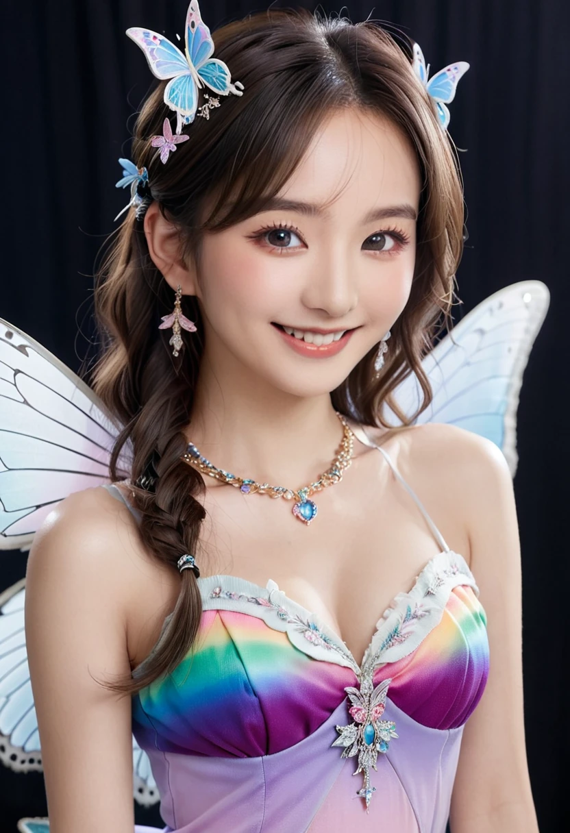 Cowboy Shots、Shot from below、ファッションショーのRunwayで、Beautiful and elegant fashion model、wave hands、Smiling with a captivating expression、A fluffy rainbow-colored fairy-inspired costume、Big butterfly wing gimmick、tiara、necklace、bracelet、Earrings、accessories、gem、Fairy Makeup、Ideal body type、Gorgeous detailed face、Delicate facial features、Beautifully detailed eyes、Long and detailed eyelashes、Elegant and graceful pose、Long, flowing, detailed hair、Smooth and detailed skin、Very detailed、high quality、Real、Studio Lighting、Professional Fashion Photography、Dramatic lighting、Dynamic pose、Runway、Behind the Scenes、Charm、Tempting、Provocative、Impression、Bold、Sophistication、audience